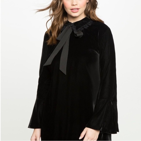 Eloquii Velvet Neck Tie Bell Sleeve Shift Dress Black - Picture 2 of 9